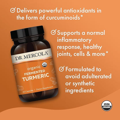 Dr. Mercola Organic Fermented Turmeric - 370 mg Fermented Turmeric - High-Bioavailability Curcuminoids - USDA Organic, Non-GMO, Gluten-Free & Soy-Free - 60 Capsules (30 Servings)