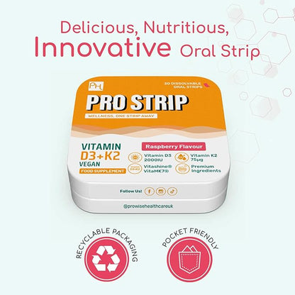PROSTRIP® Vitamin D3 + K2 – 30 Oral Vegan Strips – Premium Ingredients Vitashine® Vitamin D3 2000IU & VitaMK7® Vitamin K2 75mcg - No Water Needed by Prowise Healthcare