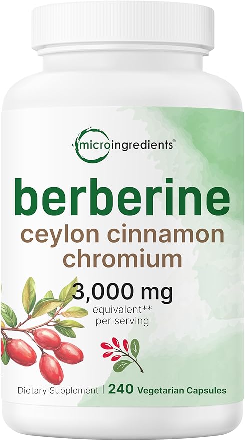 Micro Ingredients Berberine with Ceylon Cinnamon and Chromium 3,000mg Complex, 240 Veggie Capsules | High Potency Berberine HCl Root + Cinnamon Bark Extract | Heart Support & Immune Health Supplement