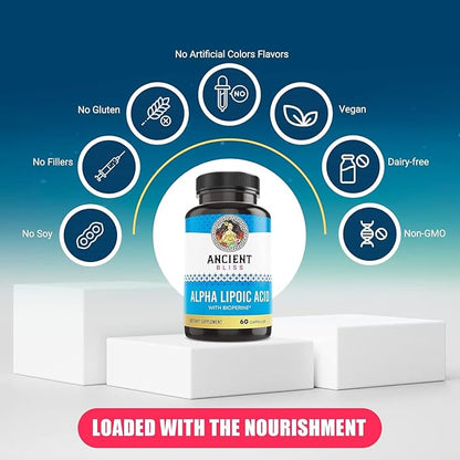 Ancient Bliss Alpha Lipoic Acid Supplement, Antioxidant and Energy Support, ALA Supplement with Bioperine, No Gluten and Soy, 600mg per Serving, 120 Vegan Capsules