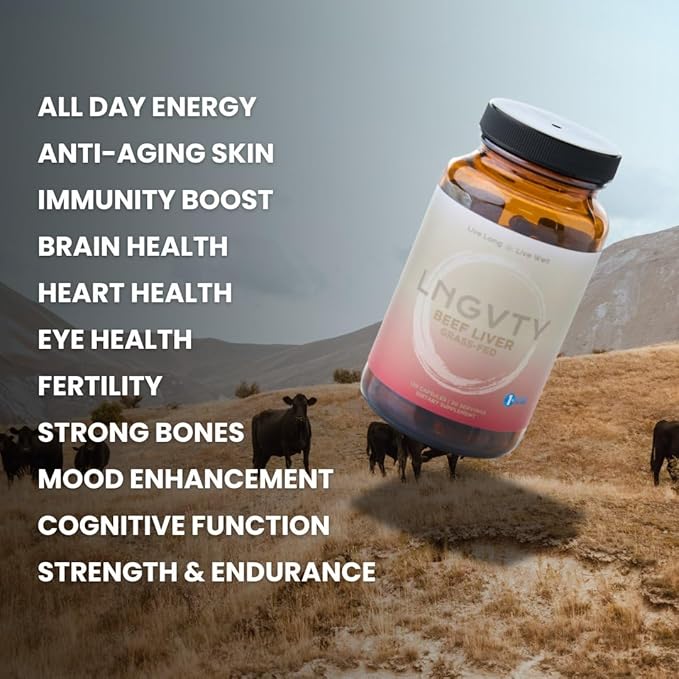 LNGVTY Grass Fed Beef Liver Capsules | Desiccatted Liver Supplement | 120 Pills, 750mg | Natural Iron, Vitamin A, B12 for Energy and Optimal Health | Humanely Pasture Raised Undefatted in New Zealand