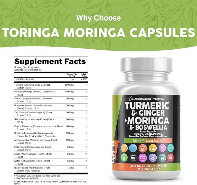Clean Nutraceuticals Turmeric Moringa Supplement | Ginger Boswellia Saffron - Supplement for Women and Men with Ceylon Cinnamon, Tart Cherry, Quercetin Garlic Nettle Holy Basil - 1Pack