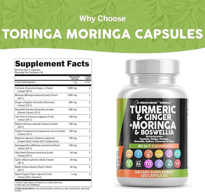 Clean Nutraceuticals Turmeric Moringa Supplement | Ginger Boswellia Saffron - Supplement for Women and Men with Ceylon Cinnamon, Tart Cherry, Quercetin Garlic Nettle Holy Basil - 1Pack
