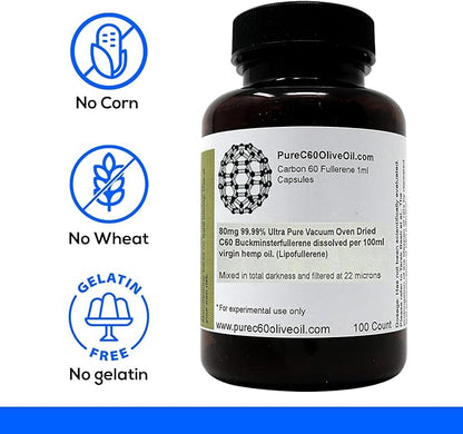 PureC60OliveOil C60 Organic Hemp Seed Oil Capsules Pills 100ml / 3.4 Fl Oz - 99.99% Carbon 60 Solvent Free 80mg - Food Grade - Carbon 60 Hemp Seed Oil - from The Leading Global Producer