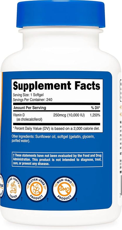Nutricost Vitamin D3 10,000 IU, 240 Soft Gel Caps (2 Bottles)