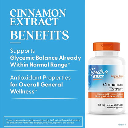 Doctors BEST Cinnamon Extract Cinnulin PF, Supports Glycemic Balance Already Within Normal Range, Non-GMO, Gluten Free, Vegan 60 Veggie Caps