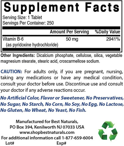 Best Naturals Vitamin B6 50 mg 250 Tablets (250 Count (Pack of 2))