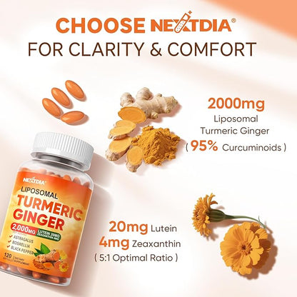 Liposomal Turmeric and Ginger Supplement 2000mg with Lutein 20mg Zeaxanthin for Women Men, Organic Turmeric Curcumin Complex Supplement for Eye, Digestive & Immune Support, Non-GMO, 120 Softgel Pills