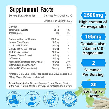 Sugar Free Ashwagandha Gummies for Women Men, Organic Ashwa Root Extract Supplement for Relax Restore Balance, Vegan Gluten Free, 60 Count