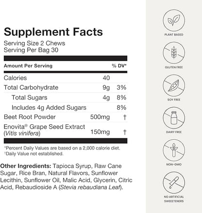 humanN SuperBeets Heart Chews, Nitric Oxide and Blood Pressure Support, Grape Seed Extract & Non-GMO Beet Root Powder Energy Supplement, Pomegranate Berry Flavor, 60 Count