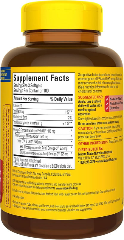 Nature Made Omega 3 Fish Oil Supplements, 550mg Per Serving, Fish Oil Omega 3 Supplements as Ethyl Esters for Healthy Heart Support, 300 Softgels, 100 Day Supply