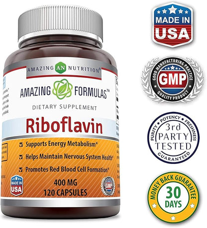 Amazing Formulas Riboflavin 400 mg Capsules | Vitamin B2 Supplement | Non-GMO | Gluten Free | Made in USA (120 Count | 2 Pack)