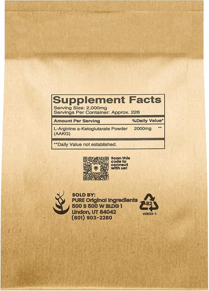 PURE ORIGINAL INGREDIENTS L-Arginine a-Ketoglutarate (AAKG) Powder, 1 lb, Unflavored, Non-GMO, Resealable & Eco-Friendly Packaging