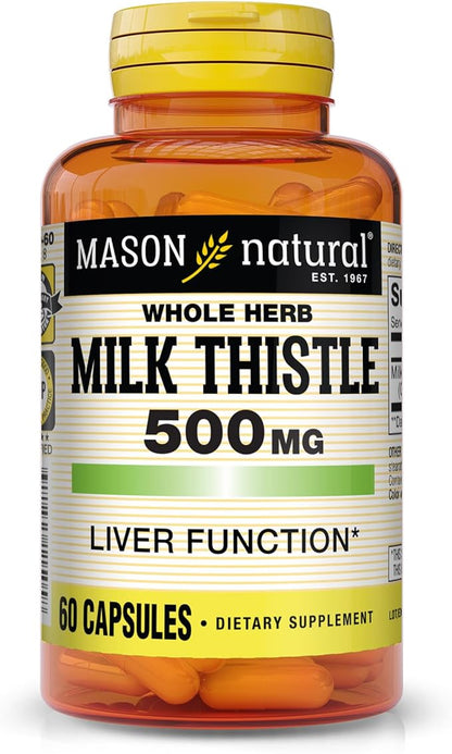 MASON NATURAL Milk Thistle 500 mg - Support Healthy Liver Function, Cleanse and Detox, Herbal Dietary Supplement, 60 Capsules