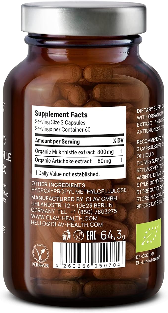 CLAV Organic Milk Thistle & Artichoke Extract Complex -Rich in Silymarin & Bitters - Liver Support + Detox Supplement - 120 Capsules (60 Days Supply) - Vegan - Made in Germany