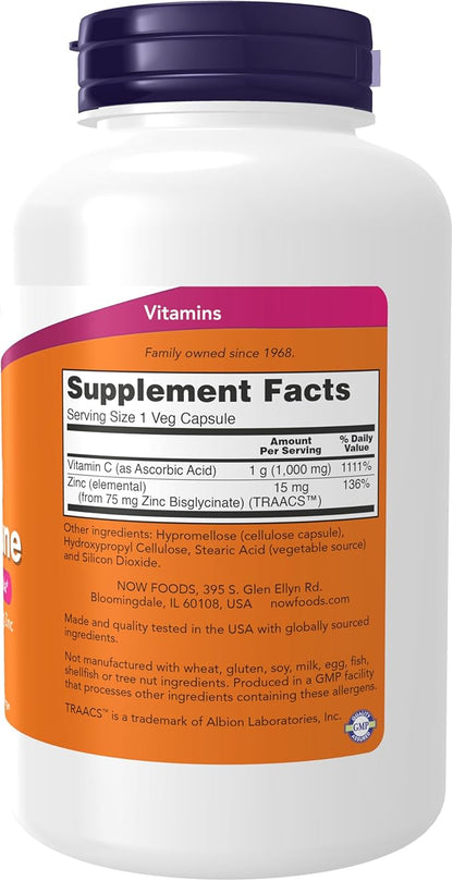 NOW Foods Supplements, C-1000 & Zinc Immune, Seasonal Support Formula*, Antioxidant Protection*, 180 Veg Capsules