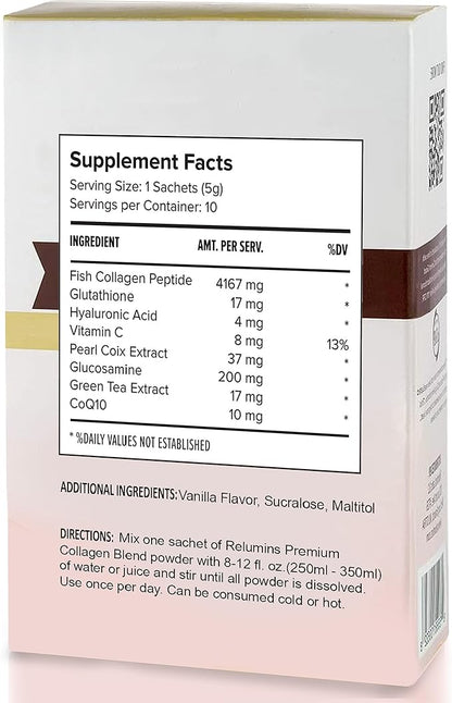 Relumins Marine Collagen Powder Drink Mix - Collagen Peptide with Glutathione, Green Tea, CoQ10, & Hyaluronic Acid Boosts Smooth Glowing Skin - 20 Powder Sachets x Vanilla Flavored + 2 Free Sachets