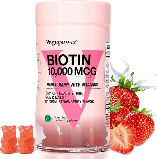 Hair Growth Gummies with Biotin 10,000mcg - Vegan Hair Vitamins Gummy for Yor Healthy Hair, Skin & Nails, Added B-Complex, Vitamin D, Vitamin A & Zinc - Hair Supplement for Women Men (60, Strawberry)