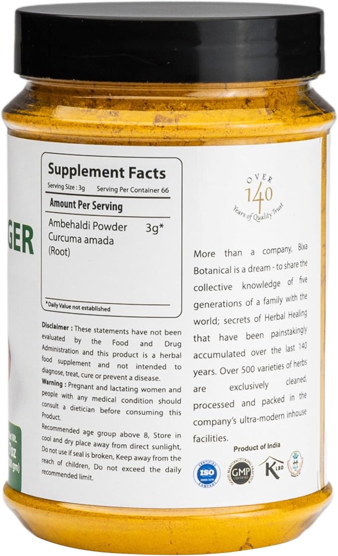 bixa BOTANICAL Mango Ginger Root Powder | Curcuma Amada | Ambehaldi ǀ Ayurvedic Herbal Supplement | 200 Grams / 7 OZ | Gluten Free, Non-GMO, Steam Treated, Vegan, 100% Pure.