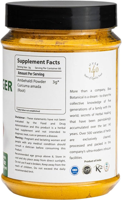 bixa BOTANICAL Mango Ginger Root Powder | Curcuma Amada | Ambehaldi ǀ Ayurvedic Herbal Supplement | 200 Grams / 7 OZ | Gluten Free, Non-GMO, Steam Treated, Vegan, 100% Pure.