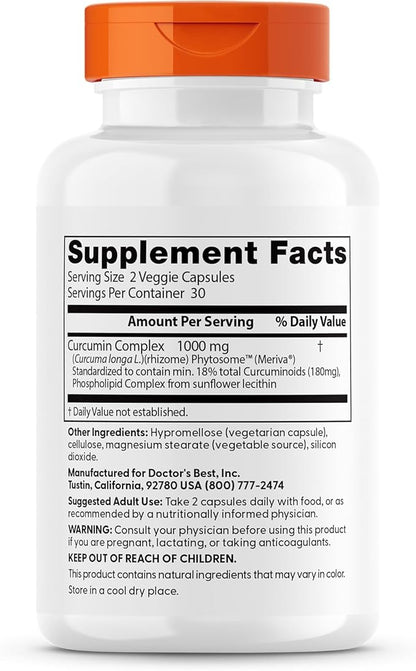 Doctors Best Curcumin Phytosome, Bioavailable Curcumin, Non-GMO, Gluten Free, Soy Free, Vegan 60 Veggie Caps