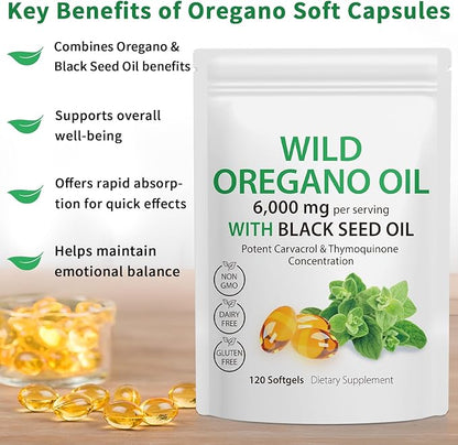 Oil of Oregano with Black Seed Oil, Organic Oregano Oil Softgels,Oregano Oil Capsules Organic,Non-GMO, Gluten Free,120