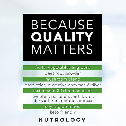 Nutrology Greens & Fruits Powder-Naturally Sourced Superfood, Vanilla Cinnamon (30 Servings) Grass Fed Whey Protein Powder, Creamy Chocolate Flavor (28 Servings)