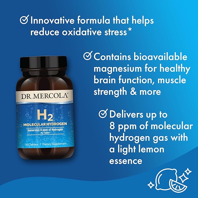 Dr. Mercola H2 Molecular Hydrogen - Supports Healthy Aging, Cellular Energy & Brain Health - with Elemental Magnesium - GMO-Free, Gluten-Free & Soy-Free - 90 Tablets (90 Servings)