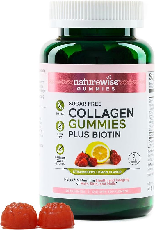 NatureWise Collagen Gummies - Sugar-Free Hydrolyzed Collagen Gummies - Type 1 & 3 Peptides for Women + Biotin, Vitamin C, E, & Zinc for Hair Skin and Nails Support - 90 Count[45-Day Supply]