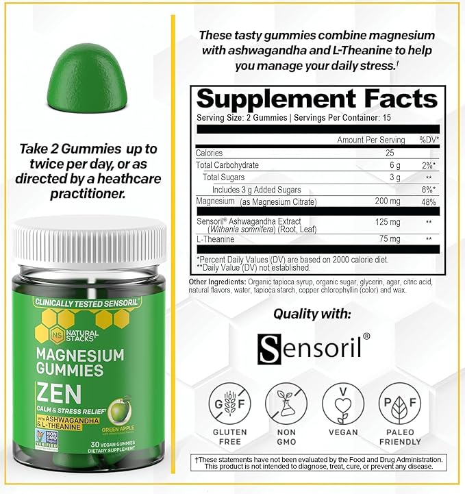 Natural Stacks Magnesium Gummies Bundle - Sleep Magnesium Gummies + Zen Magnesium Stress Gummies w/L-Theanine - 60 Magnesium Gummies