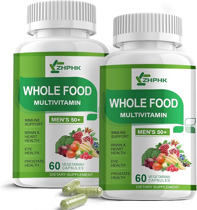 Multivitamins for Men 50 Plus, Whole Food Multivitamin Organic Based Superfoods Supplement for Men 50+ for Brain, Heart and Eye Health, Improve Digestion & Prostate Health, 120 Capsules
