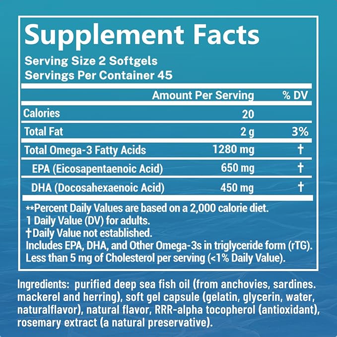 Omega 3 Fish Oil Supplements, 1280 mg Omega-3 Fatty Acids Including EPA and DHA, Wild-Caught Burpless Fish Oil Supplements Supports Heart, Brain and Eye Health, 90 Softgels