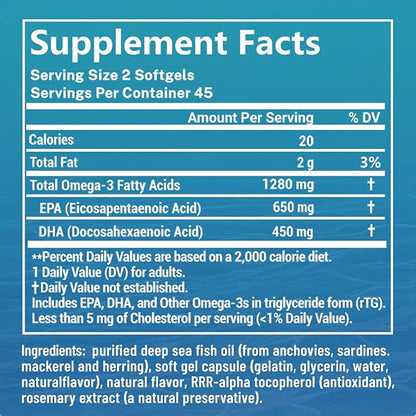 Omega 3 Fish Oil Supplements, 1280 mg Omega-3 Fatty Acids Including EPA and DHA, Wild-Caught Burpless Fish Oil Supplements Supports Heart, Brain and Eye Health, 90 Softgels