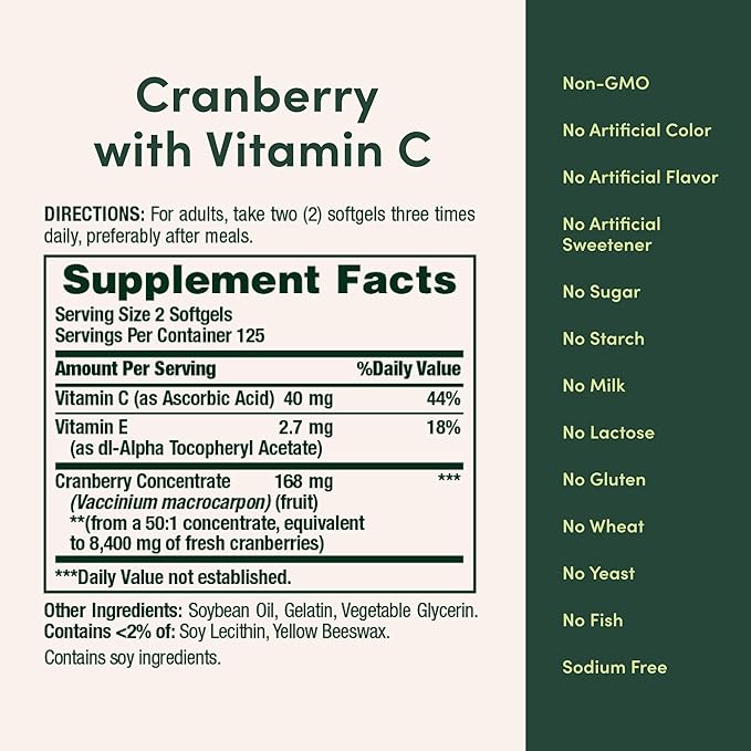 Nature's Bounty Cranberry Pills for Women Urinary Tract Health, Cranberry Supplements with Concentrate & Vitamin C, 250 Softgels (Pack of 1)