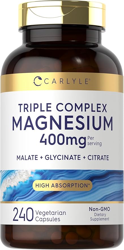 Carlyle Triple Magnesium Complex | 400 mg | 240 Capsules | Magnesium Malate, Glycinate & Citrate | Vegetarian, Non-GMO, and Gluten Free Supplement