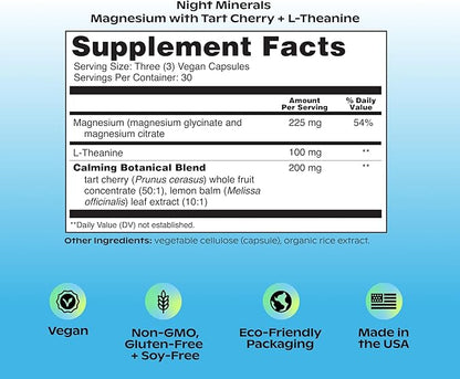 wholier Magnesium Glycinate, L-Theanine, Tart Cherry Juice. Natural Support for Sleep, Stress + Relaxation. Melatonin-Free. Night Minerals. (90 Vegan Capsules) Glass Bottle