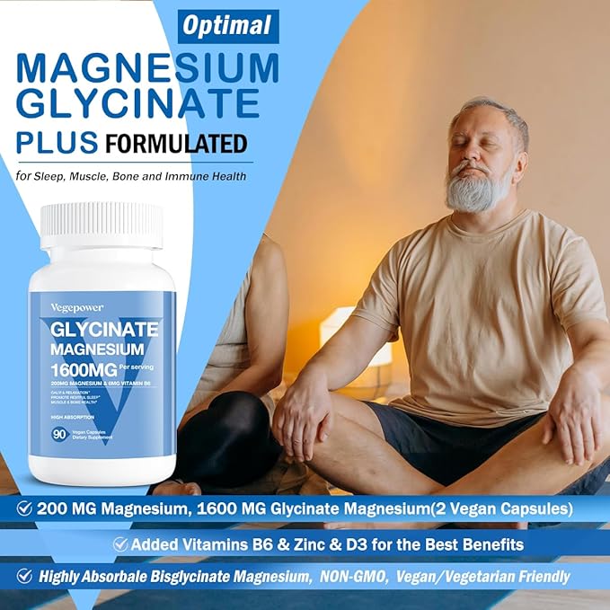 Magnesium Glycinate 1600mg Supplements - with Vitamin B6 & Zinc, Vitamin D3, Chelated Magnesium for Sleep, Muscle, Bone and Immune Health, High Absorption Magnesio, Non-GMO, Vegan 90 Capsules