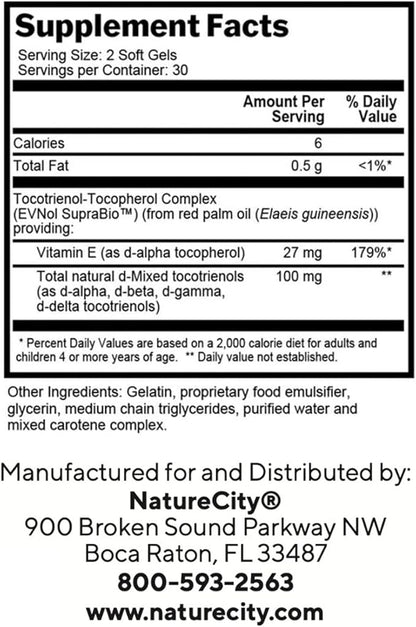 NatureCity True-E Full Spectrum Tocotrienols Vitamin E & Natural Alpha Tocopherol Supplement | Sustainable Vitamin E Tocotrienols from Evnol Suprabio | Non-GMO Vitamin E Complex | 60 Soft gels