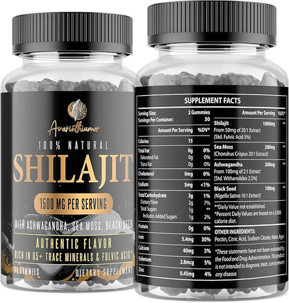 Himalayan Organic Shilajit Gummies, with Ashwagandha, Sea Moss, Black Seed, Pure & 100% Natural Shilajit - Energy, Immune System, Brain & Joint Function, Authentic Flavor, 60 Gummies