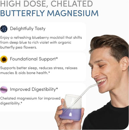 Magnesium Glycinate Powder 200mg | High Absorption Chelated Bisglycinate with Organic Butterfly Pea Flower | Supports Stress Relief, Calm & Sleep | 8.6 oz, 60 Servings