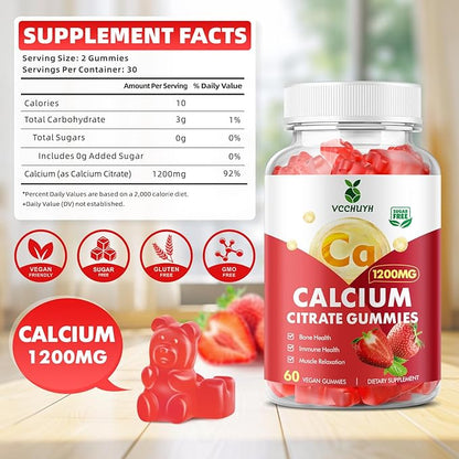 Calcium Citrate Gummies 1200mg, Chewable Calcium Supplements for Women & Men, Sugar Free Calcium Gummies for Bone, Muscle & Immune Support, Strawberry Flavor 120 Count