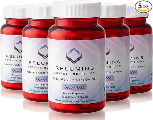 Relumins Advance Nutrition Gluta 1000 - Reduced L-Glutathione, Alpha Lipoic Acid & Rose HIPS - Antioxidant Support for Skin & Overall Wellness - 30 Veg Capsules x 5 Bottles (75-Day Supply)