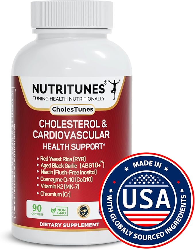 Cholestunes –Cholesterol & Heart Health Support Advanced Supplement Red Yeast Rice (RYR), Aged Black Garlic CoQ10, Niacin (Flush-Free), Chromium & Vitamin K2– 90 Capsules
