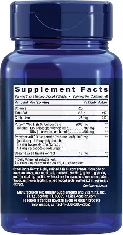 Life Extension Super Omega-3 EPA/DHA Fish Oil, Sesame Lignans & Olive Extract – Heart Health, Brain Health, Inflammation Health Support, Gluten-Free, Enteric-Coated, Non-GMO, 60 Softgels