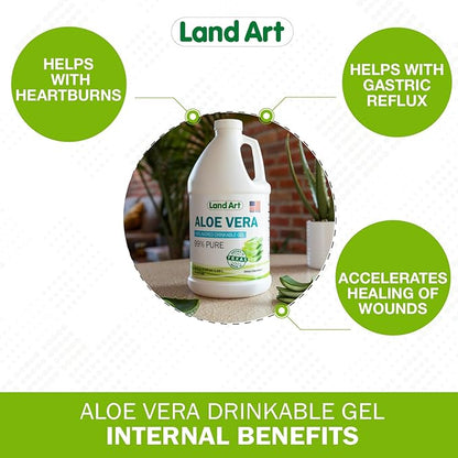 Land Art Pure Aloe Vera Drinkable Gel Unflavored - Cold-Processed Inner Filet - from Organic Fresh Leaves from Texas - for Heartburn Relief - Acid Reflux - 64 fl oz