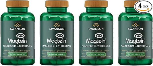Swanson Magnesium L-Threonate - Mineral Supplement Promoting Nervous System Health - May Support Cognitive Health, Learning & Memory - (90 Veggie Capsules) (4 Pack)