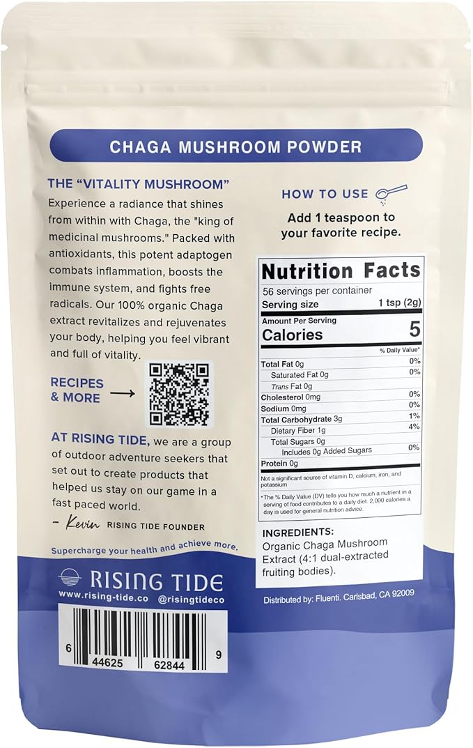 Rising Tide Organic Chaga Mushroom Powder - Real & Wild-Harvested, Highly Concentrated Extract for Immune Support - 4 OZ Vegan, Non-GMO Chaga Tea Alternative