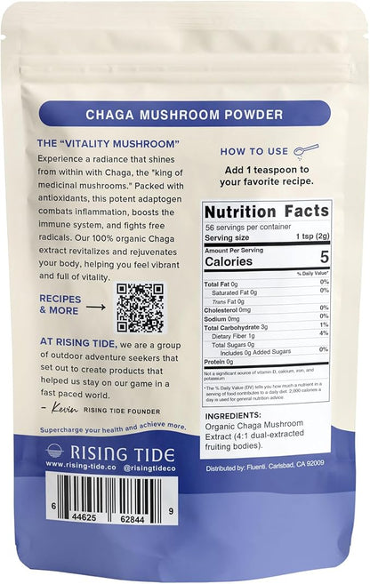 Rising Tide Organic Chaga Mushroom Powder - Real & Wild-Harvested, Highly Concentrated Extract for Immune Support - 4 OZ Vegan, Non-GMO Chaga Tea Alternative