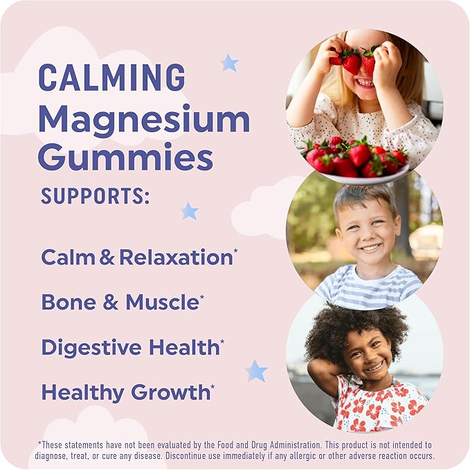 Magnesium Calming Gummies for Children | Strawberry | Relaxation & Natural Wake-Sleep Cycles | Relaxing Magnesium for Kids with Chamomile & Lemon Balm | Non-GMO, Gluten-Free | Calm Gummies 60ct