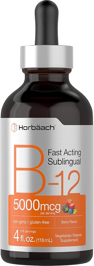 Horbaach B-12 | 5000mcg | 4oz | Berry Flavor Fast-Acting Sublingual Liquid Vitamin B12 | Vegetarian, Non-GMO & Gluten Free Formula